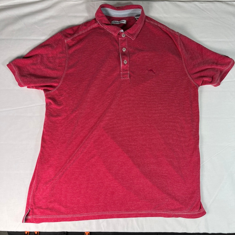 Tommy Bahama Polo Shirt Men XL Red Excellent Ribbed Tencel Blend Short Sleeve
